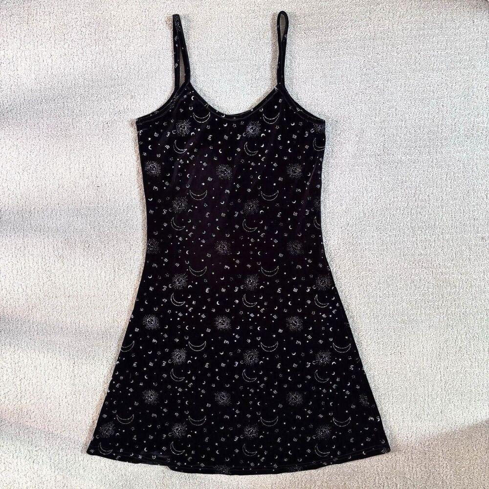 RomWe Black Velvet Glitter Celestial Star Mini Dress Sz XS Whimsigoth Dark Fairy
